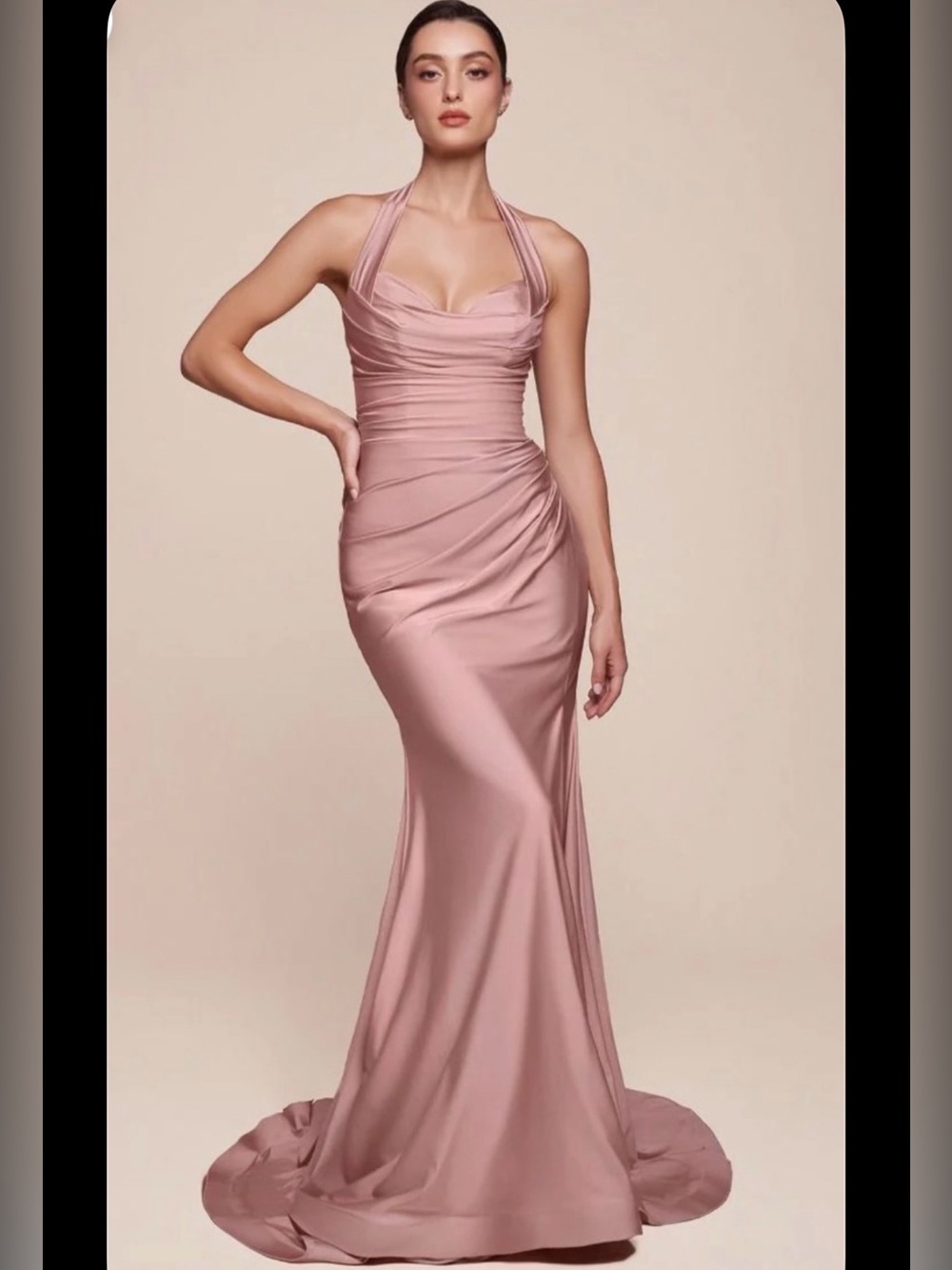 Satin Fitted Long Halter Slit Dress by Ladivine